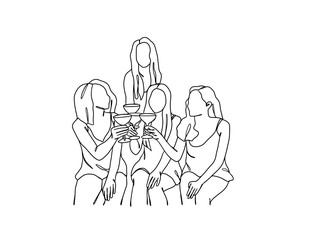 Continuous one line drawing of people cheering glasses of wine. Vector illustration.