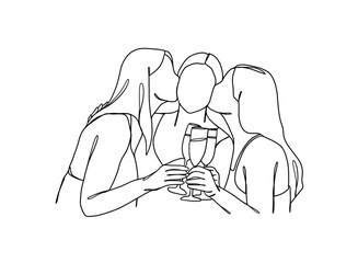 Continuous one line drawing of people cheering glasses of wine. Vector illustration.
