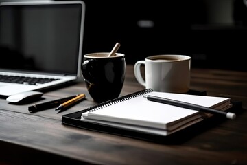 On the table are a laptop with a black screen, a coffee cup, white paper, and a pencil. Generative AI
