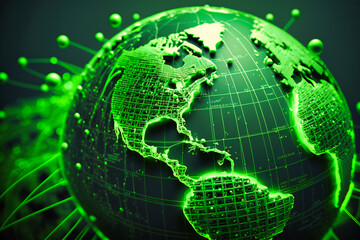 A striking green global internet network background illustrates the expansive reach of digital connections and global collaboration