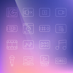 Set line Record button, Music note, tone, Add playlist, Stop media, Online video, Vinyl player with vinyl disk and Selfie mobile icon. Vector