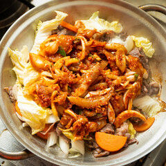 Stir-fried Spicy Squid and Vegetables in a Pan