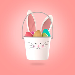 Easter Basket with Eggs and Bunny for Eater Day Creative on pink background