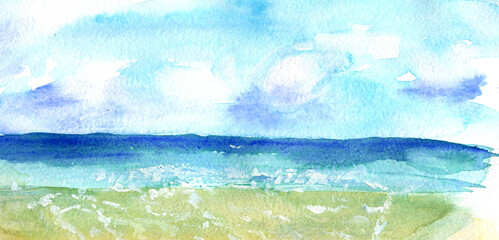 Blue and yellow hand painted watercolor texture background. Sea, sand and sky.