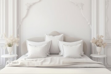 Vintage architecture interior design concept, white table, desk, or shelf with five soft white pillows in the shapes of stars or flowers, above traditional vacant bedroom with double soft bed