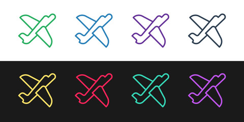 Set line Toy plane icon isolated on black and white background. Flying airplane icon. Airliner sign. Vector