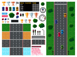 Obraz na płótnie Canvas Pixel race, arcade game top view, car racing video game in retro 8 bit, vector asset icons. Vintage computer game arcade or car races props and player interface elements with sport cars and racetracks