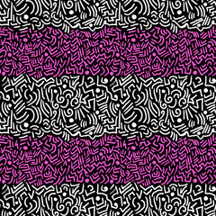 Abstract hand-drawn pattern. Fashionable geometric ornament of dashes, strokes, curves, lines, signs. Design of background, template, fabric, textile, wallpaper, clothing, packaging.