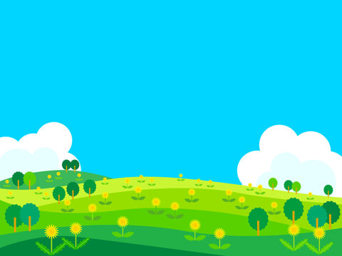 タンポポの咲く草原と青空のフレーム
