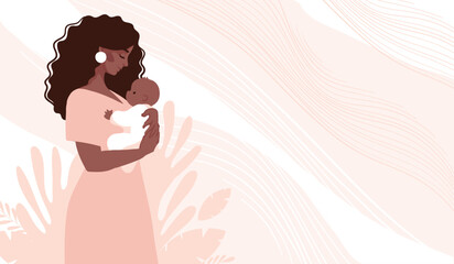 Beautiful black woman hugging a baby, motherhood and pregnancy concept, happy arab family, in vitro fertilization and pediatrics. Vector banner, background with copy space for text.