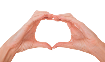 Female hands forming a heart shape on white background, close-up