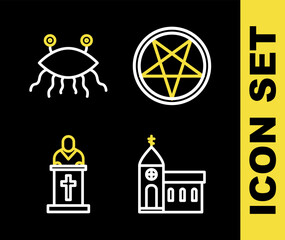 Set line Pentagram in a circle, Church building, pastor preaching and Pastafarianism icon. Vector