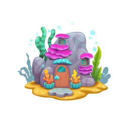 Obraz premium Cartoon underwater mountain rock, fairy house or undersea dwelling, vector marine creature home. Mermaid or coral reef shelter in underwater rock with windows and door in deep ocean water