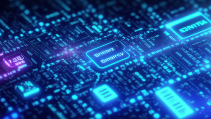 Obraz premium カラフルな発光するネオン、電子回路、電脳空間、パソコン内部、マザーボードのイメージ アップImage up of colorful glowing neon lights, cpu, circuits, computer internals, and motherboards