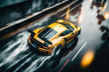 Fototapeta na wymiar Yellow Sports car riding on rainy highway road. Car in fast motion. Fast-moving car. Fast-moving supercar on the street.
