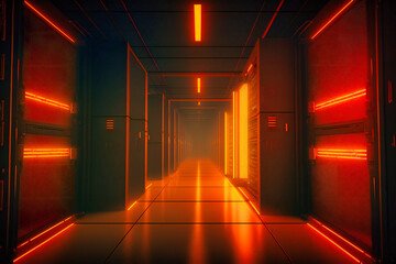 The warm amber ambiance in a data center corridor emphasizes rack servers and supercomputers projecting intricate internet connection visualizations
