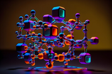 Fototapeta premium Medical studies of molecular structures. Science in the service of man. Technologies of the future in our life. 3D illustration of a molecule model in neon light