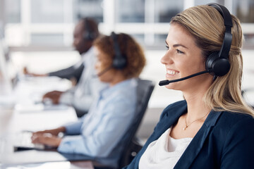 Woman, call center and smile with headset for telemarketing, customer service or support at office...