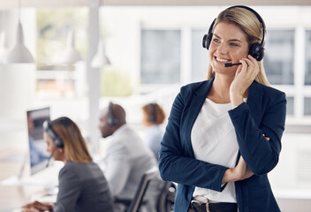 Woman, call center and smile in leadership with headset for telemarketing, customer service or...