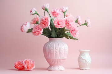 Pink Ceramic Vase With Pink Flowers, Pink Vase With Artificial Flowers. Generative AI