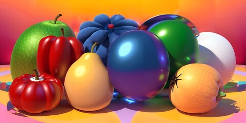 Photo of a colorful fruit and balloons arrangement on a table