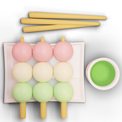 3D illustration japanese food dango with a cup of green tea and skewers top views