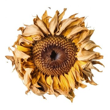 Macro Closeup Of Isolated Aged And Dried Yellow Sunflower Head, Shriveled Petals, White Studio Lighting Background, Preserved - Generative Ai