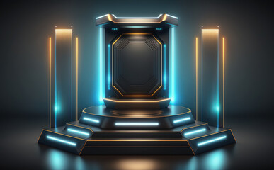 Naklejka premium Realistic 3d Futuristic Podium in Sci-fi dark room with blue and orange neon light. Podium for cyberpunk sci-fi product presentation. Technology and Sci-fi concept. 3D rendering. Generative AI.