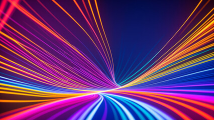 カラフルな発光するネオンが飛び回るイメージ　テクノロジー、近未来An image of colorful glowing neon lights flying around Technology, the near future