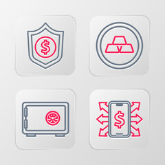 Set line Smartphone with dollar, Safe, Gold bars and Shield icon. Vector