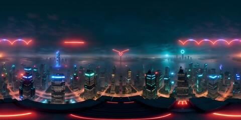 Photo of a futuristic city at night with neon lights