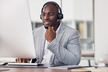 Black man, call center and computer with headset for telemarketing, customer service or support at...