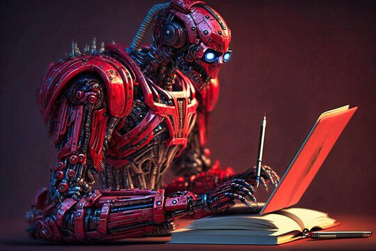 A delightful red-tinged artificial intelligence robot engages with a notebook, demonstrating its thirst for learning and information acquisition