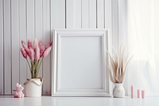 On a white wooden table, a vintage frame with pink bunny tail grass. Mockup of an empty frame for a presentation. Generative AI