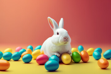 Fototapeta na wymiar happy white easter bunny with many colorfull egg on yellow background