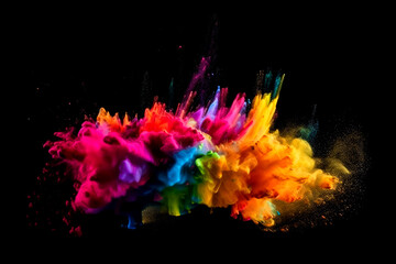 Abstract multi color smoke explosion on black background. Colorful clouds on black background. Colorful smoke texture. Generative AI colorful fume on black background.