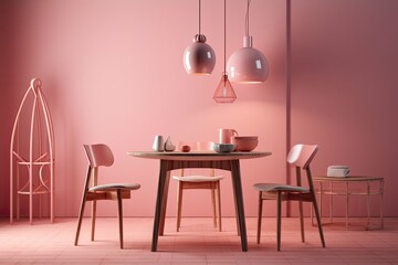 Dining room set with seats and a pink background in a monochromatic design. Generative AI
