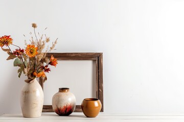 A panorama with a white background, an empty frame, and some field flowers in a rust colored vase. Generative AI