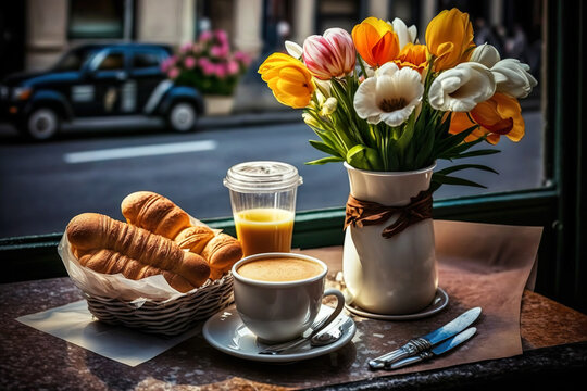 Croissants Breakfast, Coffee Juice And Tulips On Table In France Street Cafe - Generative AI