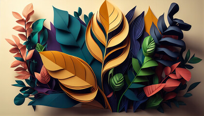 Leaves Plants Colorful Paper Style Art - Generative AI