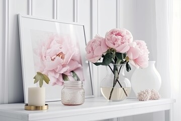 floral interior decoration on a white shelf. blank mock up of a picture frame from the front. Pink peonies in a vase on a white background are lovely flowers. Generative AI