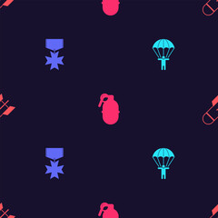 Set Parachute, Military reward medal, Hand grenade and Aviation bomb on seamless pattern. Vector