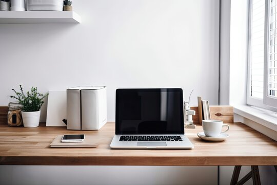 Cropped image shows a straightforward desk with a laptop with a blank screen and a coffee cup on a white table against a murky office room backdrop. Generative AI