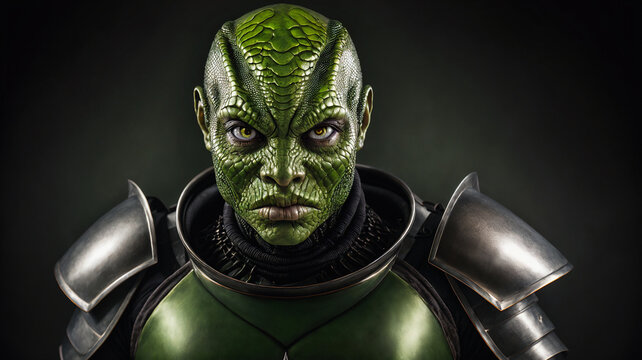 very detailed closeup of medieval female humanoid alien reptilian warrior with scary angry face and green skin in gothic armor, generative AI