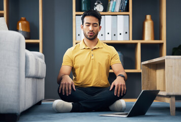 Meditation, laptop and a yoga man breathing for mental health, wellness or zen on the floor of his home. Fitness, internet and virtual class with a male yogi in the living room to meditate for peace - obrazy, fototapety, plakaty