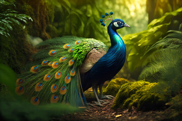 Fototapeta premium A peacock displaying its vibrant feathers