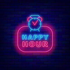 Obraz premium Happy hour neon label on brick wall. Discount for food market. Rectangular frame with clock. Vector illustration