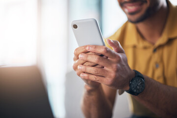 Closeup, hands and man with cellphone, typing and network signal for social media, online reading and search internet. Zoom, hand and male with smartphone, connection and mobile application for info