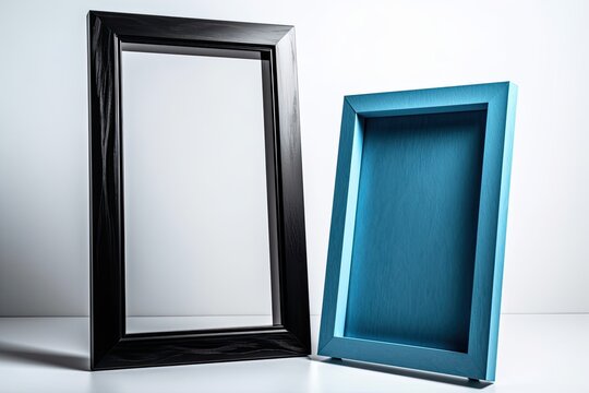 A3 and A4 vertical blue picture frame that is empty and has a black stand for photos is placed against a white background. an angle of view. Generative AI