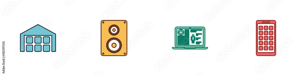 Sticker set warehouse, stereo speaker, medical clinical record and mobile apps icon. vector